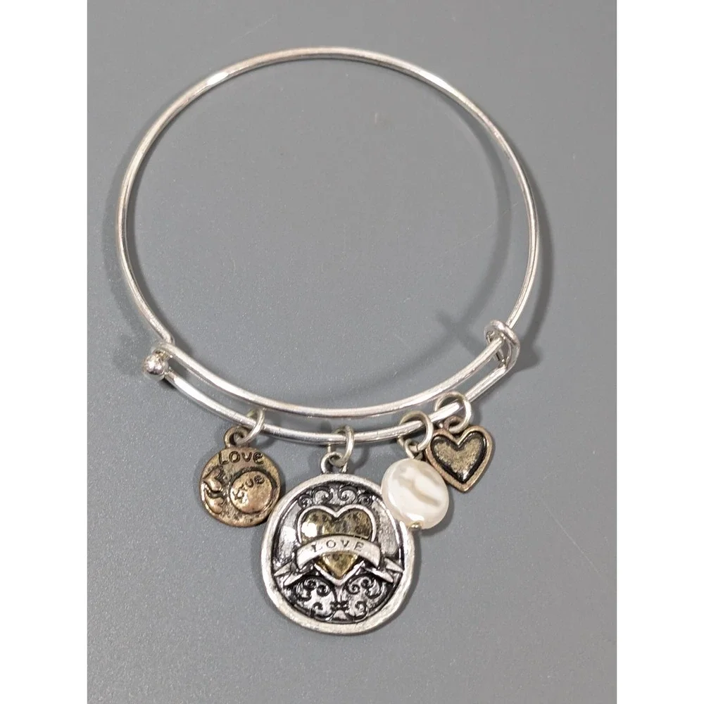 Two Tone‎ Heart Charm Bangle Bracelet White Pearl Love Stackable 7
